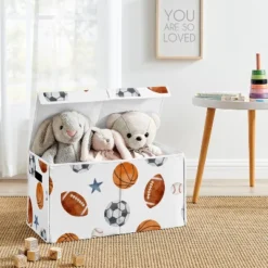 Sweet Jojo Designs Boy Fabric Storage Toy Bin Watercolor Sports Theme Blue Brown And Orange