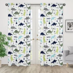 Sweet Jojo Designs Boy Window Curtain Panels Drapes 84in Mod Dinosaur Blue And Green
