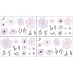 Sweet Jojo Designs Girl Wall Decal Stickers Art Nursery Décor Watercolor Floral Purple Pink And Grey 4pc