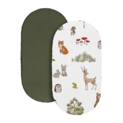 Sweet Jojo Designs Boy, Girl, Gender Neutral Baby Bassinet Fitted Sheets Set Watercolor Woodland Forest Animals Green Brown And Red 2pc