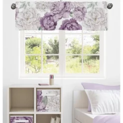 Sweet Jojo Designs Girl Window Valance Treatment 54in. Peony Floral Garden Purple Ivory And Green