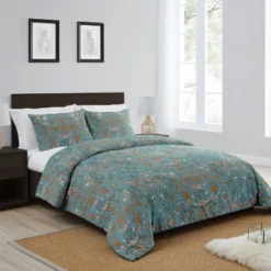 Sweet Jojo Designs King Duvet Cover And Shams Set Boho Floral Wildflower Blue And Orange 3pc