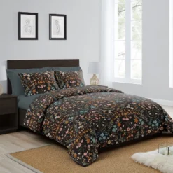 Sweet Jojo Designs Queen Duvet Cover And Shams Set Boho Floral Wildflower Black And Orange 3pc