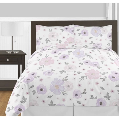 3pc Queen Bedding Set Sweet Jojo Designs Watercolor Floral Lavender/Gray - SWeet Jojo Designs 4 3pc Queen Bedding Set Sweet Jojo Designs Watercolor Floral Lavender/Gray - SWeet Jojo Designs - Image 2