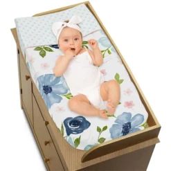 Sweet Jojo Designs Girl Changing Pad Cover Watercolor Floral Blue Pink And White