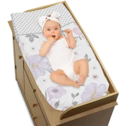 Sweet Jojo Designs Girl Changing Pad Cover Watercolor Floral Collection Lavender Purple And Grey